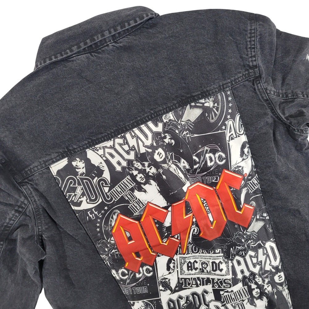 ACDC Men's Washed Black Denim Graphic Jacket Large Rock Band Back Patch Sleeve